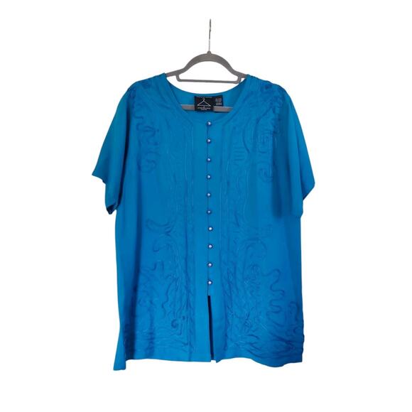 Vintage 90s Aqua Blue Embellished Relaxed Flowy Button Up Blouse Tunic, Medium - Picture 1 of 11